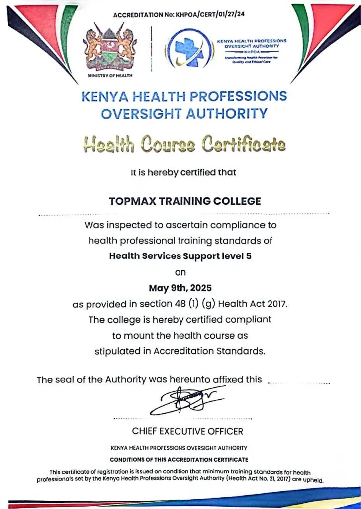 Health Support Services certificate